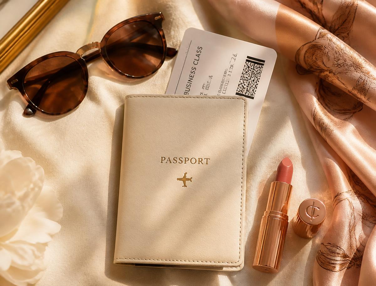 Passport, sunglasses, silk scarf and a Kloset Kiss lipstick on ivory linen